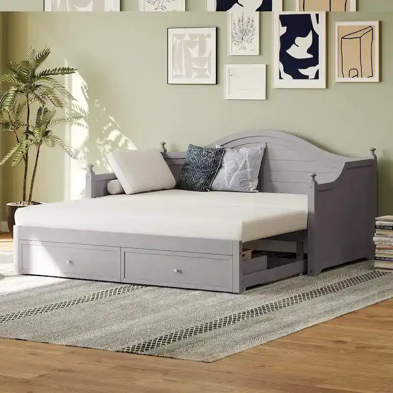 Twin Daybed Pop-Up Trundle 2 Storage Drawers Arched Back Cottage Wood Light Grey