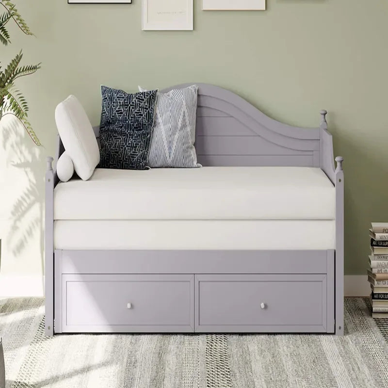 Twin Daybed Pop-Up Trundle 2 Storage Drawers Arched Back Cottage Wood Light Grey