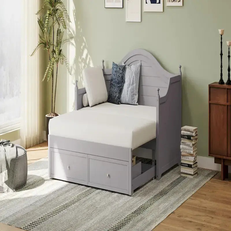 Twin Daybed Pop-Up Trundle 2 Storage Drawers Arched Back Cottage Wood Light Grey