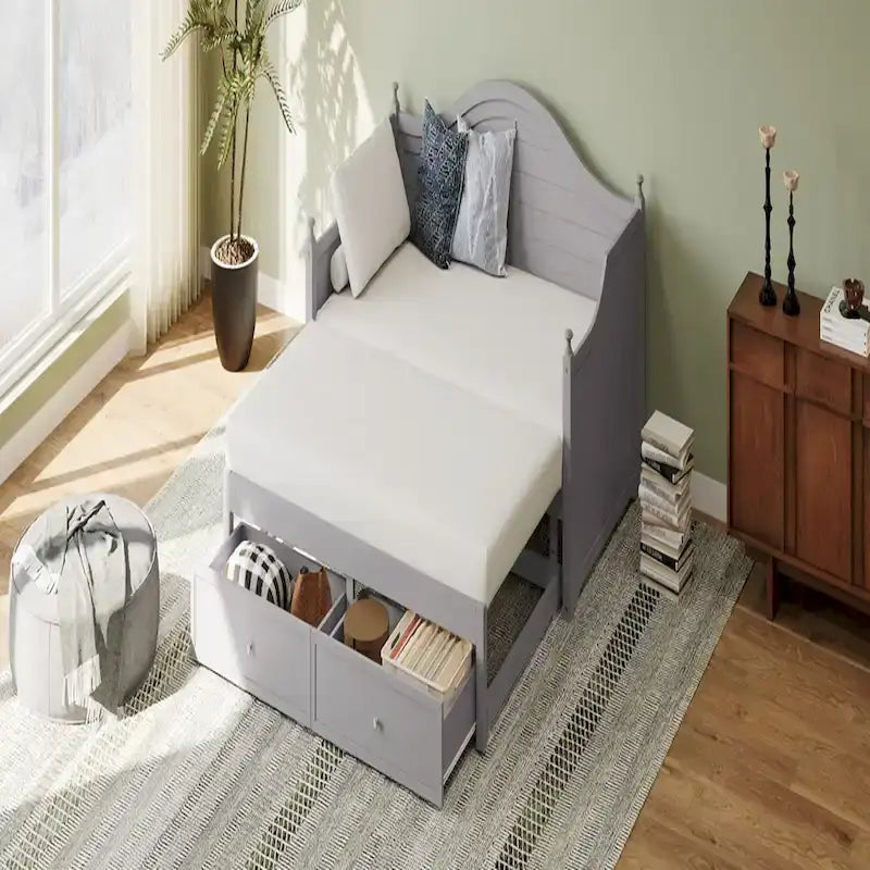 Twin Daybed Pop-Up Trundle 2 Storage Drawers Arched Back Cottage Wood Light Grey
