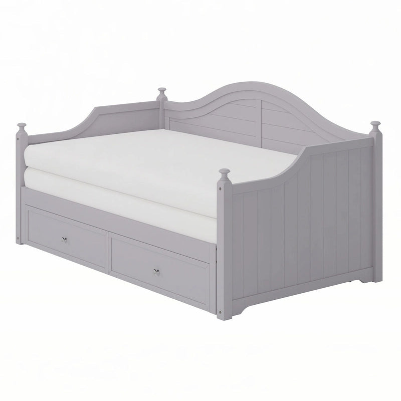 Twin Daybed Pop-Up Trundle 2 Storage Drawers Arched Back Cottage Wood Light Grey