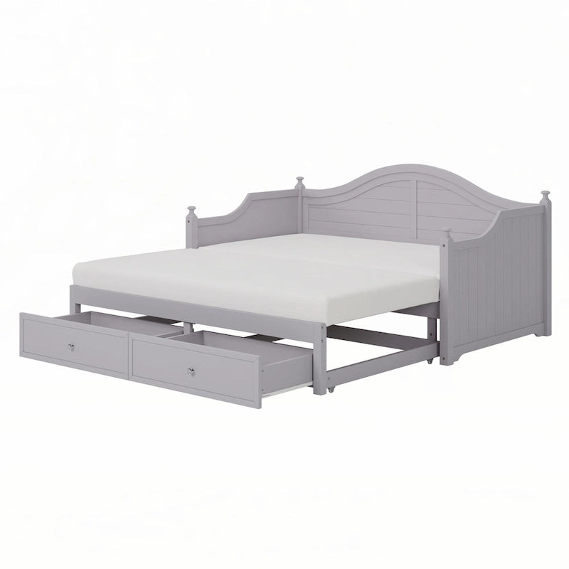 Twin Daybed Pop-Up Trundle 2 Storage Drawers Arched Back Cottage Wood Light Grey