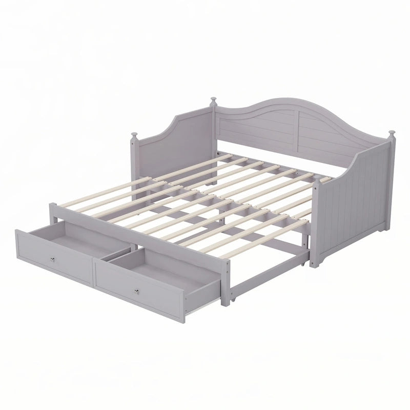 Twin Daybed Pop-Up Trundle 2 Storage Drawers Arched Back Cottage Wood Light Grey