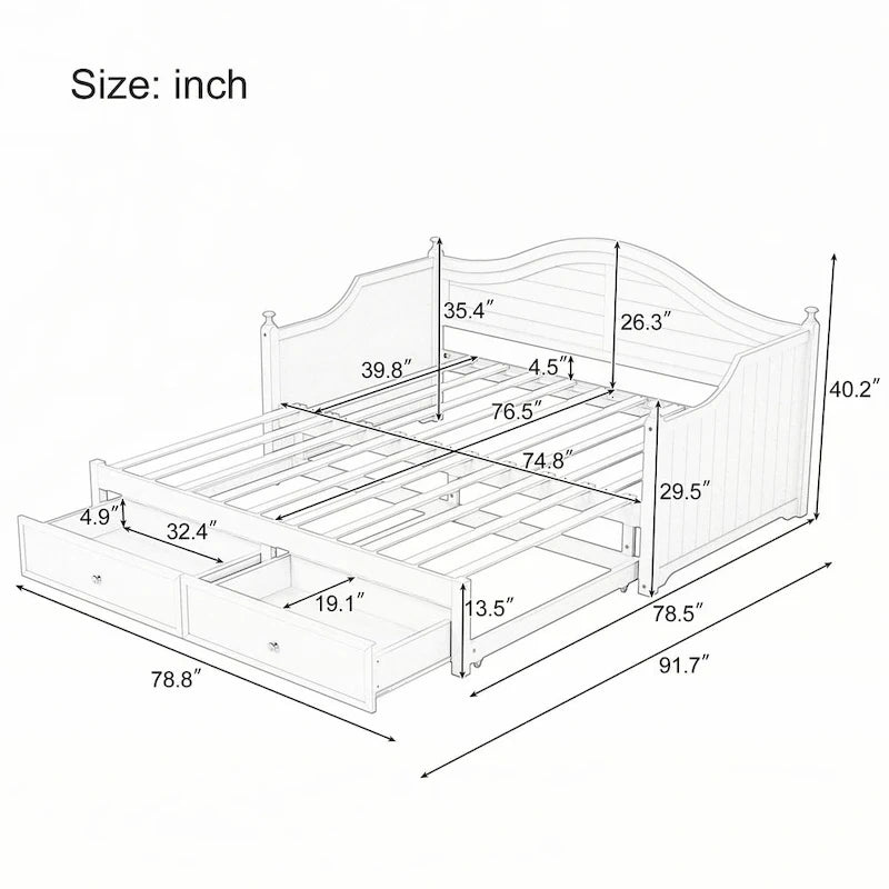 Twin Daybed Pop-Up Trundle 2 Storage Drawers Arched Back Cottage Wood Light Grey