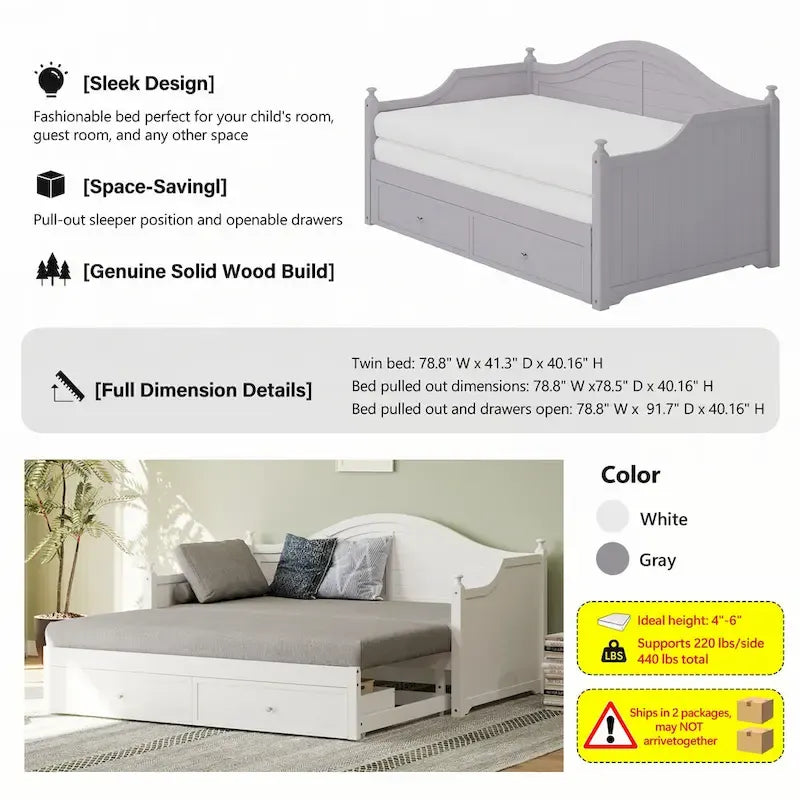 Twin Daybed Pop-Up Trundle 2 Storage Drawers Arched Back Cottage Wood Light Grey