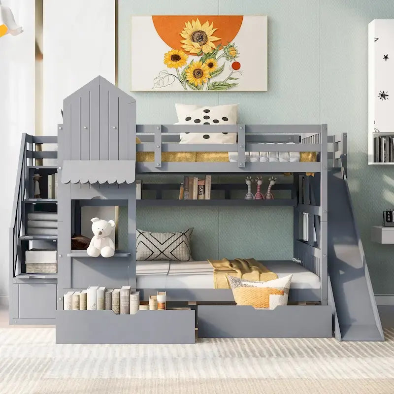 Full Over Full Castle Bunk Bed Slide 2 Drawers 3 Shelves Kids Grey Blue Pink White