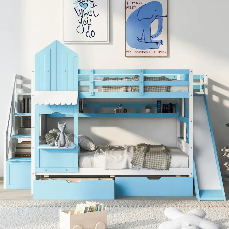 Full Over Full Castle Bunk Bed Slide 2 Drawers 3 Shelves Kids Grey Blue Pink White