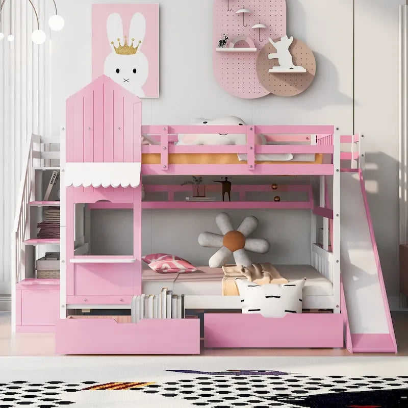 Full Over Full Castle Bunk Bed Slide 2 Drawers 3 Shelves Kids Grey Blue Pink White