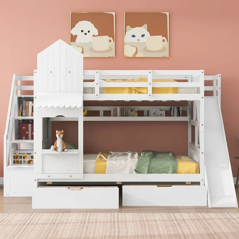 Full Over Full Castle Bunk Bed Slide 2 Drawers 3 Shelves Kids Grey Blue Pink White