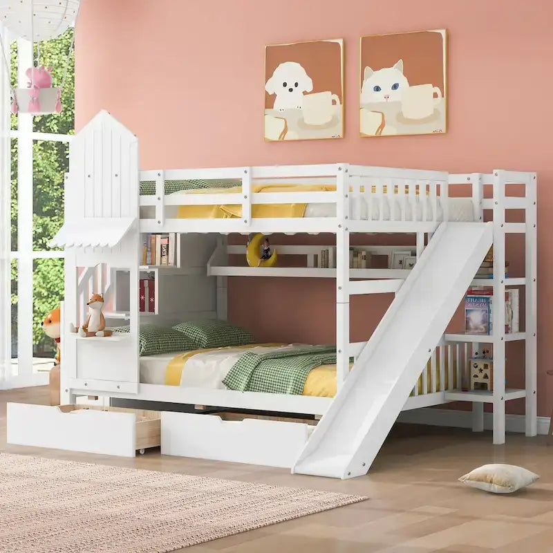 Full Over Full Castle Bunk Bed Slide 2 Drawers 3 Shelves Kids Grey Blue Pink White