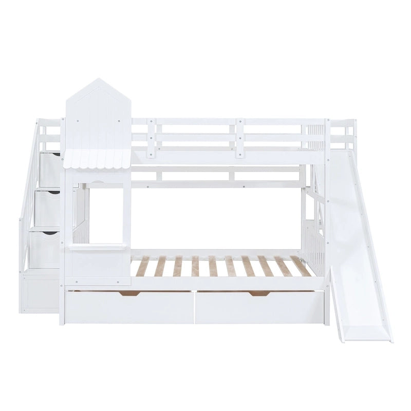 Full Over Full Castle Bunk Bed Slide 2 Drawers 3 Shelves Kids Grey Blue Pink White
