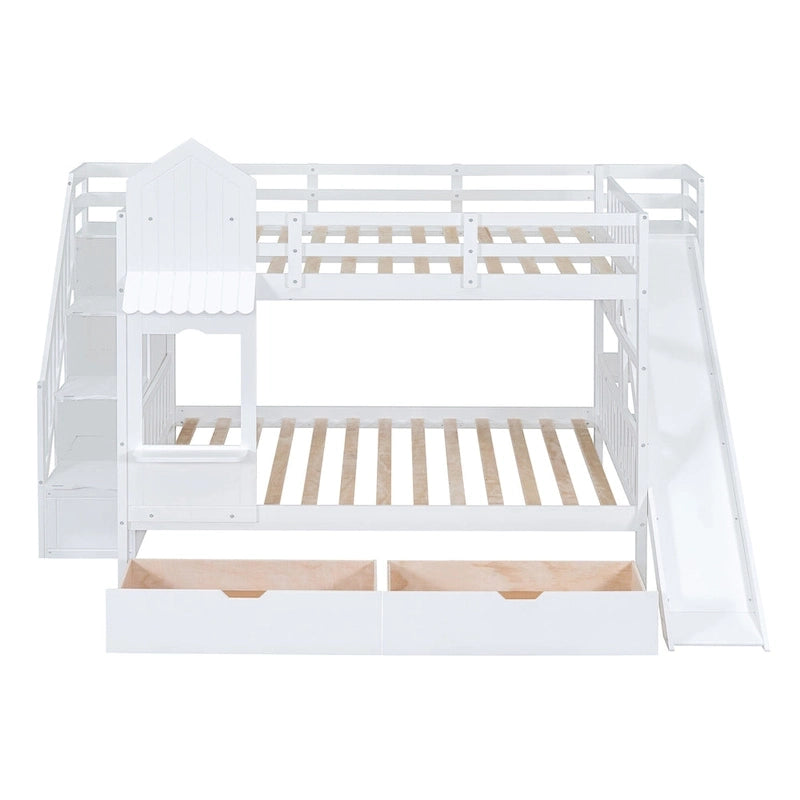 Full Over Full Castle Bunk Bed Slide 2 Drawers 3 Shelves Kids Grey Blue Pink White