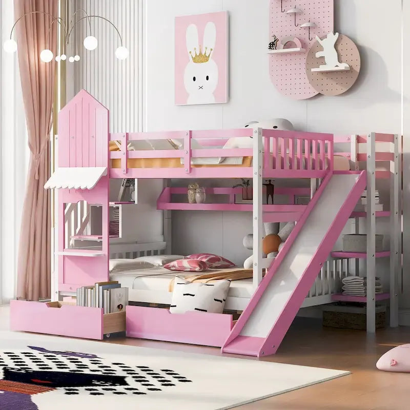 Full Over Full Castle Bunk Bed Slide 2 Drawers 3 Shelves Kids Grey Blue Pink White