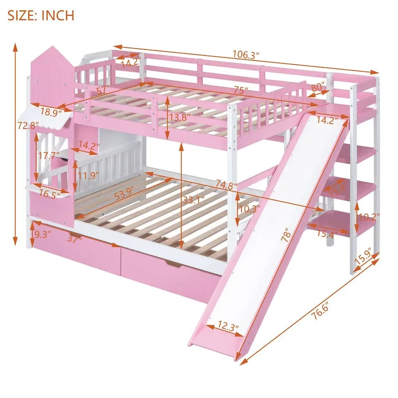 Full Over Full Castle Bunk Bed Slide 2 Drawers 3 Shelves Kids Grey Blue Pink White