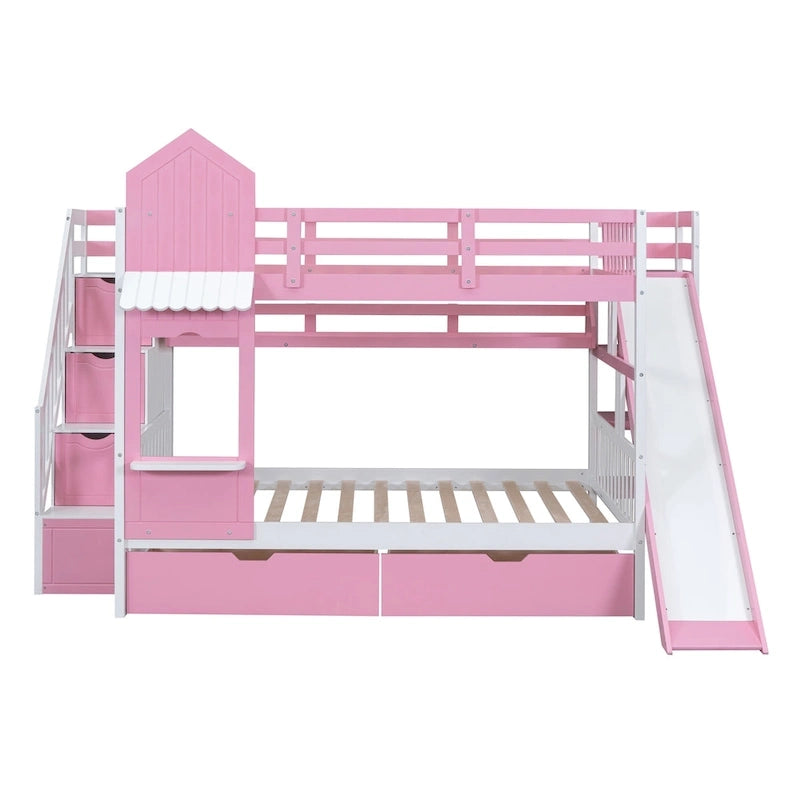 Full Over Full Castle Bunk Bed Slide 2 Drawers 3 Shelves Kids Grey Blue Pink White