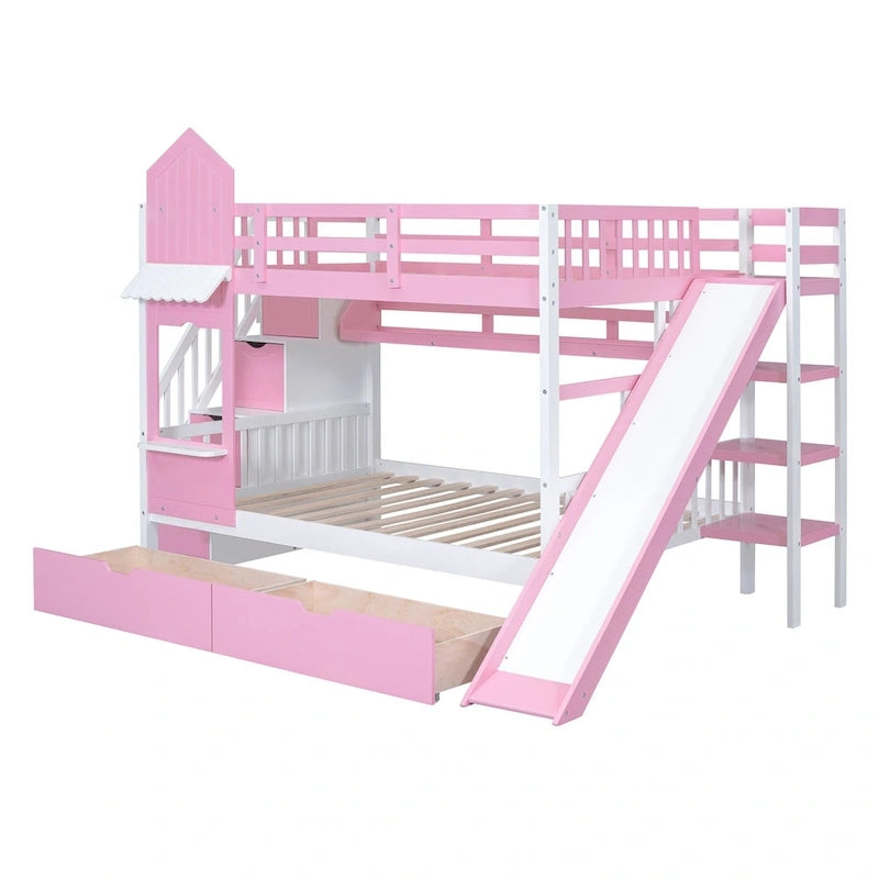 Full Over Full Castle Bunk Bed Slide 2 Drawers 3 Shelves Kids Grey Blue Pink White