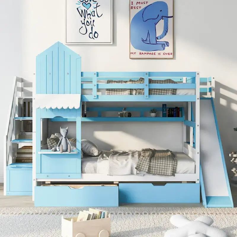 Full Over Full Castle Bunk Bed Slide 2 Drawers 3 Shelves Kids Grey Blue Pink White