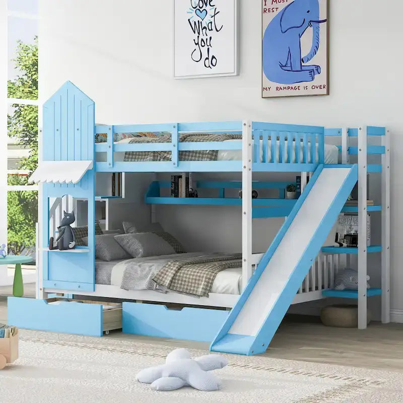 Full Over Full Castle Bunk Bed Slide 2 Drawers 3 Shelves Kids Grey Blue Pink White