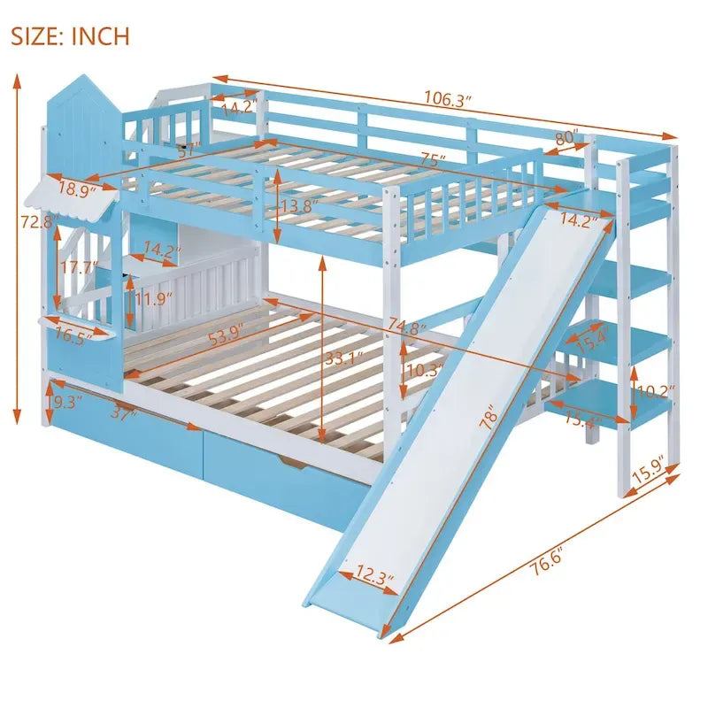 Full Over Full Castle Bunk Bed Slide 2 Drawers 3 Shelves Kids Grey Blue Pink White