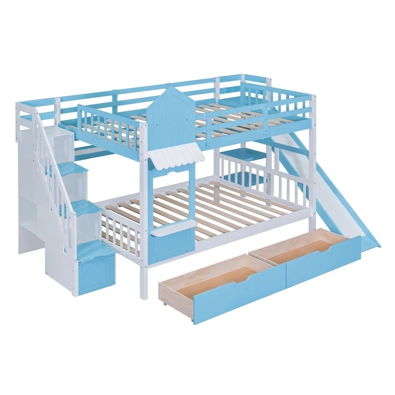 Full Over Full Castle Bunk Bed Slide 2 Drawers 3 Shelves Kids Grey Blue Pink White