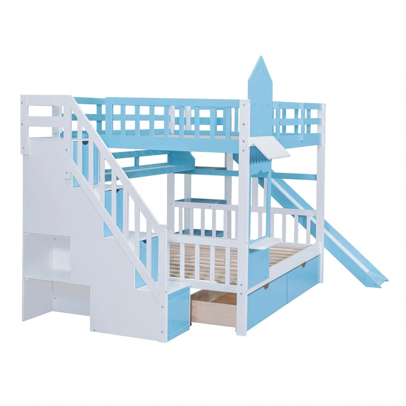 Full Over Full Castle Bunk Bed Slide 2 Drawers 3 Shelves Kids Grey Blue Pink White