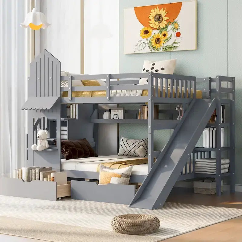 Full Over Full Castle Bunk Bed Slide 2 Drawers 3 Shelves Kids Grey Blue Pink White