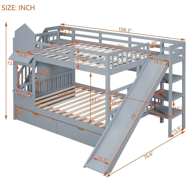 Full Over Full Castle Bunk Bed Slide 2 Drawers 3 Shelves Kids Grey Blue Pink White