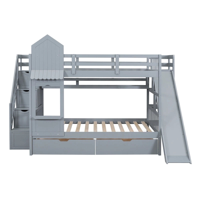 Full Over Full Castle Bunk Bed Slide 2 Drawers 3 Shelves Kids Grey Blue Pink White
