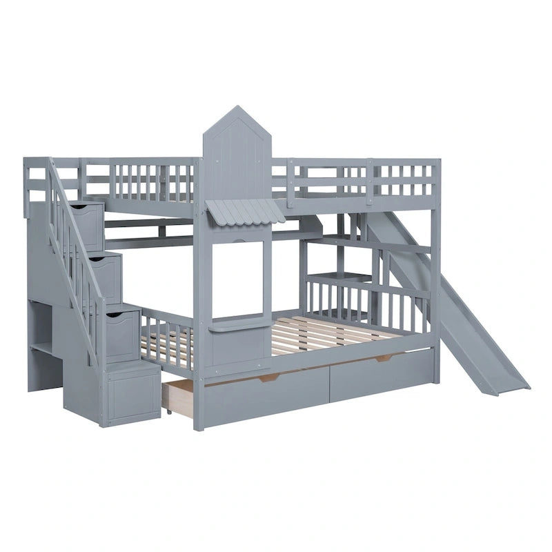 Full Over Full Castle Bunk Bed Slide 2 Drawers 3 Shelves Kids Grey Blue Pink White