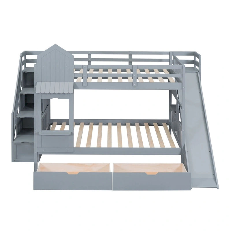 Full Over Full Castle Bunk Bed Slide 2 Drawers 3 Shelves Kids Grey Blue Pink White