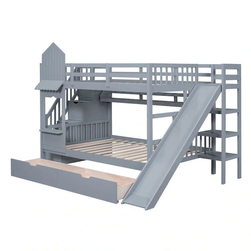 Full Over Full Castle Bunk Bed Slide 2 Drawers 3 Shelves Kids Grey Blue Pink White