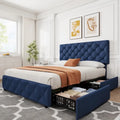 Linen Platform Bed Frame 4 Drawers Diamond Tufted Adjustable Headboard Blue Black Full King
