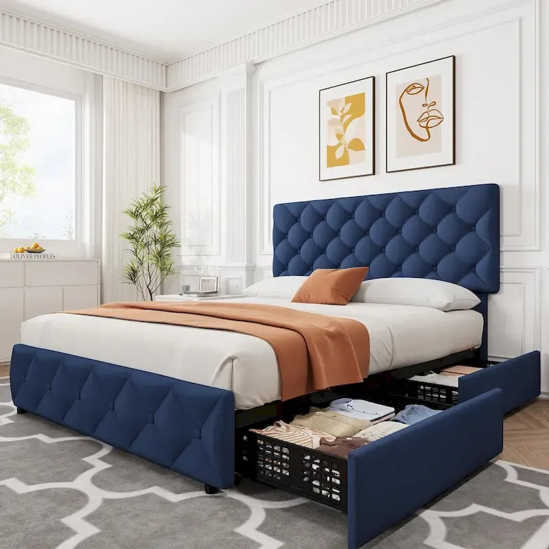 Linen Platform Bed Frame 4 Drawers Diamond Tufted Adjustable Headboard Blue Black Full King
