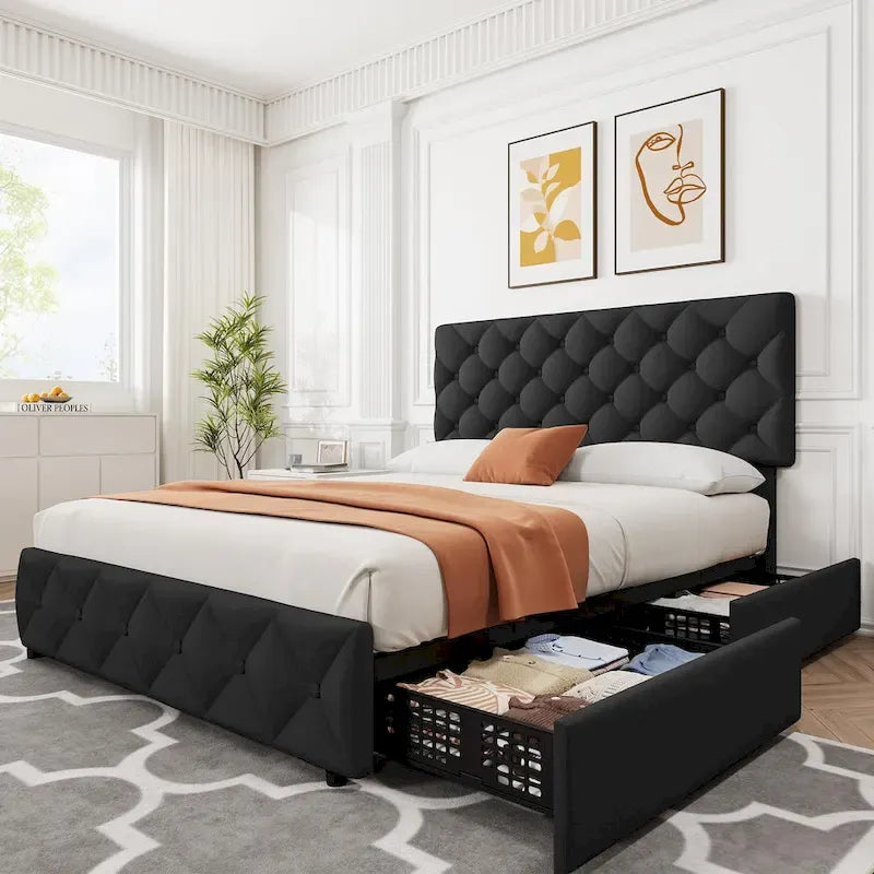 Linen Upholstered Platform Bed Frame with Adjustable Headboard
