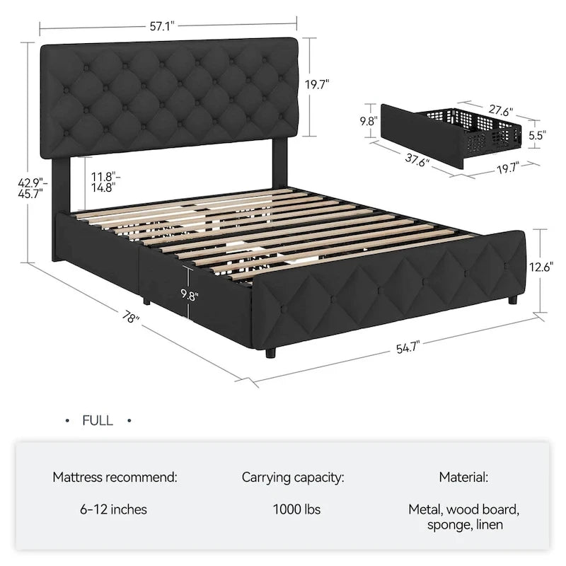 Linen Platform Bed Frame 4 Drawers Diamond Tufted Adjustable Headboard Blue Black Full King