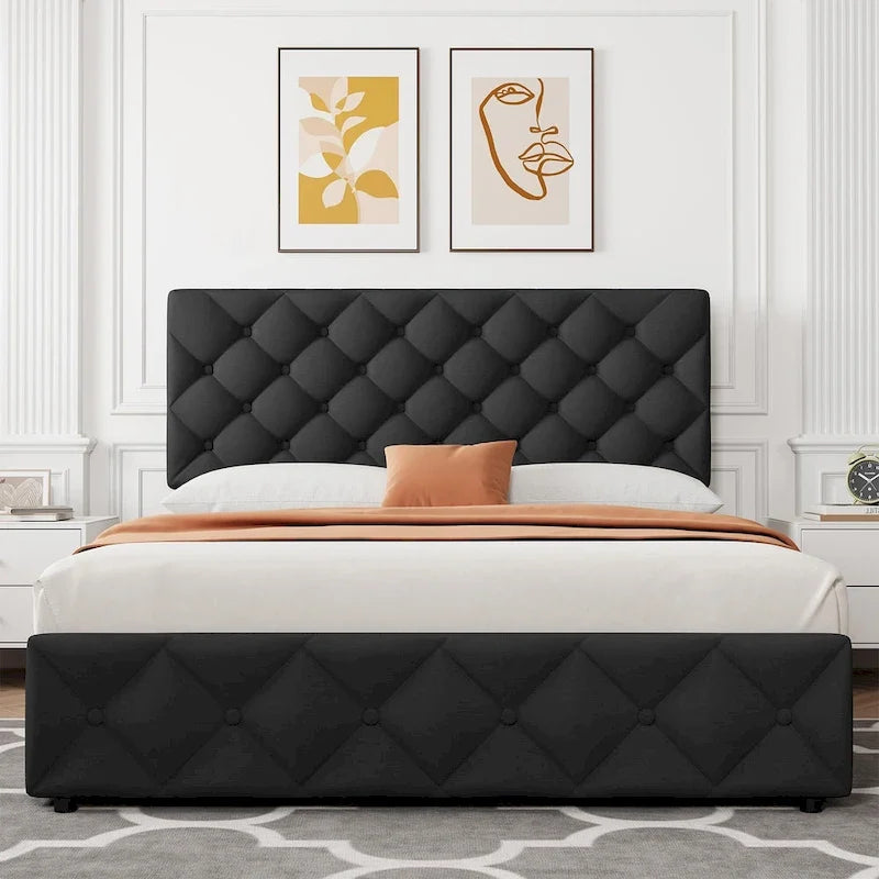 Linen Platform Bed Frame 4 Drawers Diamond Tufted Adjustable Headboard Blue Black Full King