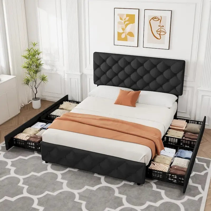 Linen Platform Bed Frame 4 Drawers Diamond Tufted Adjustable Headboard Blue Black Full King