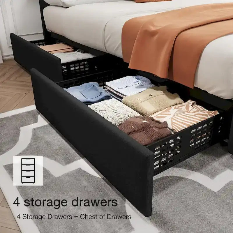 Linen Platform Bed Frame 4 Drawers Diamond Tufted Adjustable Headboard Blue Black Full King