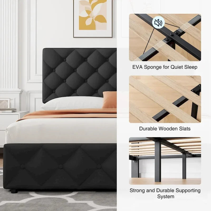 Linen Platform Bed Frame 4 Drawers Diamond Tufted Adjustable Headboard Blue Black Full King