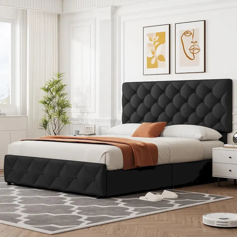Linen Platform Bed Frame 4 Drawers Diamond Tufted Adjustable Headboard Blue Black Full King