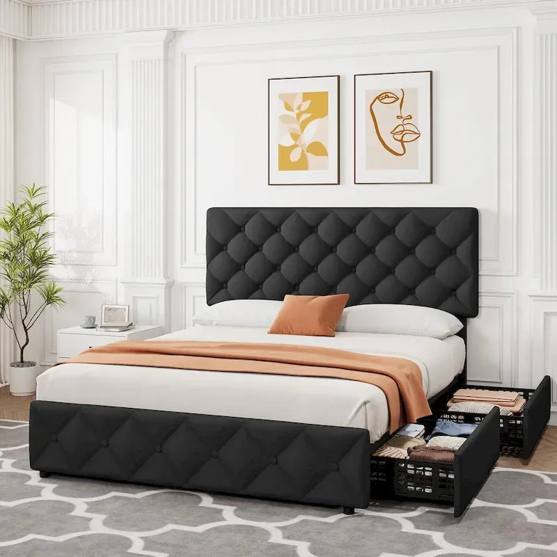 Linen Platform Bed Frame 4 Drawers Diamond Tufted Adjustable Headboard Blue Black Full King