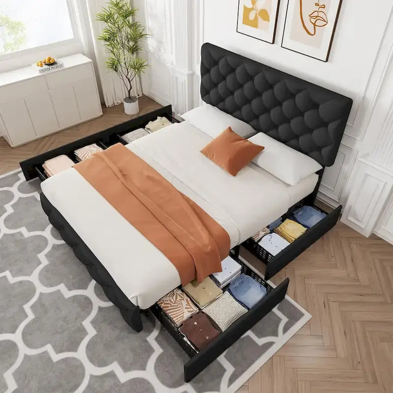 Linen Platform Bed Frame 4 Drawers Diamond Tufted Adjustable Headboard Blue Black Full King