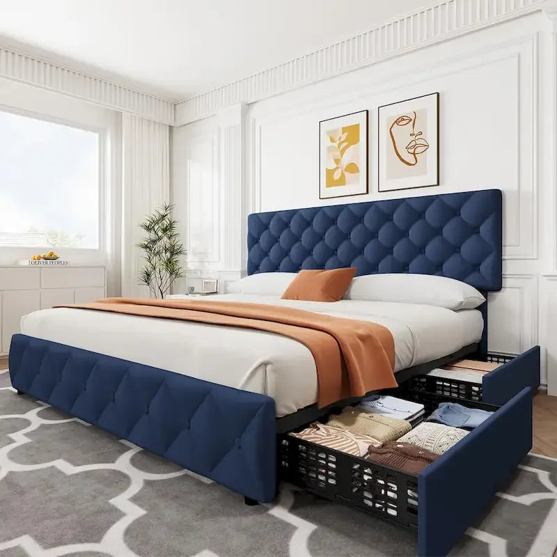 Linen Platform Bed Frame 4 Drawers Diamond Tufted Adjustable Headboard Blue Black Full King