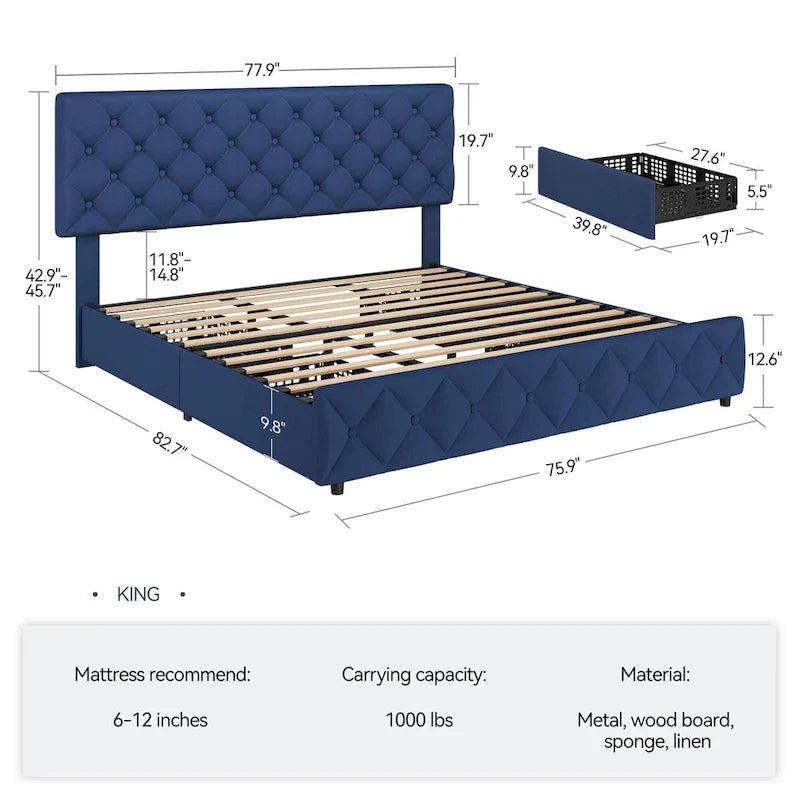 Linen Platform Bed Frame 4 Drawers Diamond Tufted Adjustable Headboard Blue Black Full King