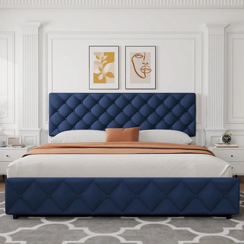 Linen Platform Bed Frame 4 Drawers Diamond Tufted Adjustable Headboard Blue Black Full King