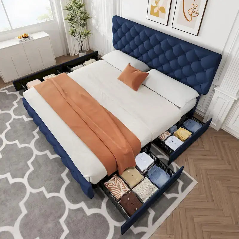 Linen Platform Bed Frame 4 Drawers Diamond Tufted Adjustable Headboard Blue Black Full King