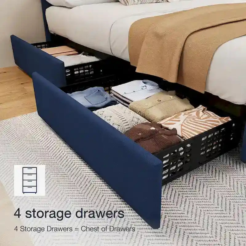 Linen Platform Bed Frame 4 Drawers Diamond Tufted Adjustable Headboard Blue Black Full King