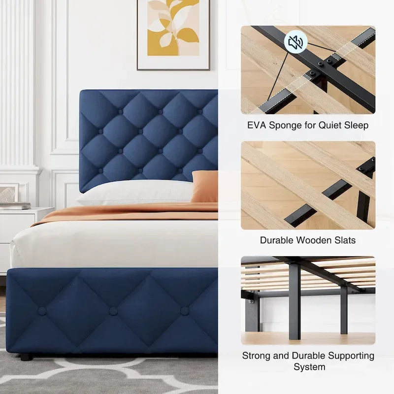 Linen Platform Bed Frame 4 Drawers Diamond Tufted Adjustable Headboard Blue Black Full King