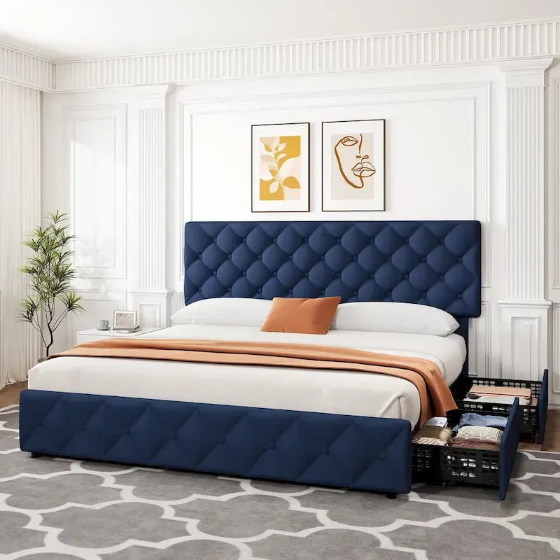 Linen Platform Bed Frame 4 Drawers Diamond Tufted Adjustable Headboard Blue Black Full King