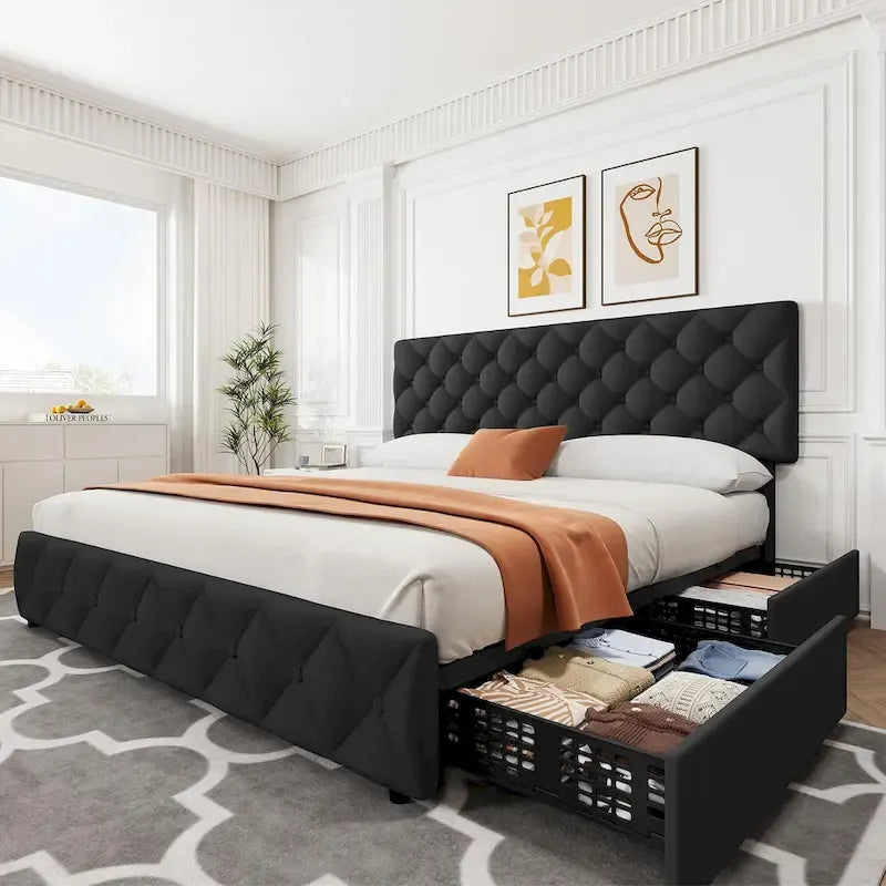 Linen Platform Bed Frame 4 Drawers Diamond Tufted Adjustable Headboard Blue Black Full King